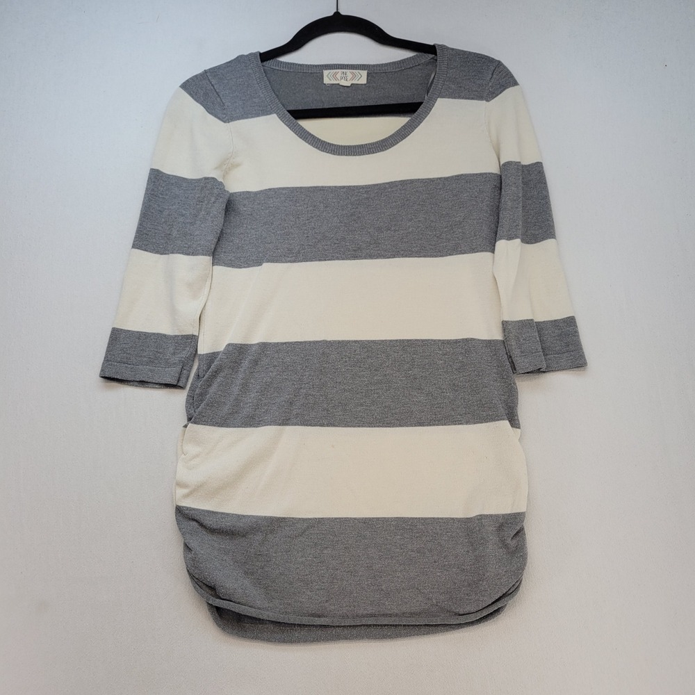 Pink Rose Tunic Sweater Womens Medium Gray White Striped Ruched Side 3/4 Sleeve